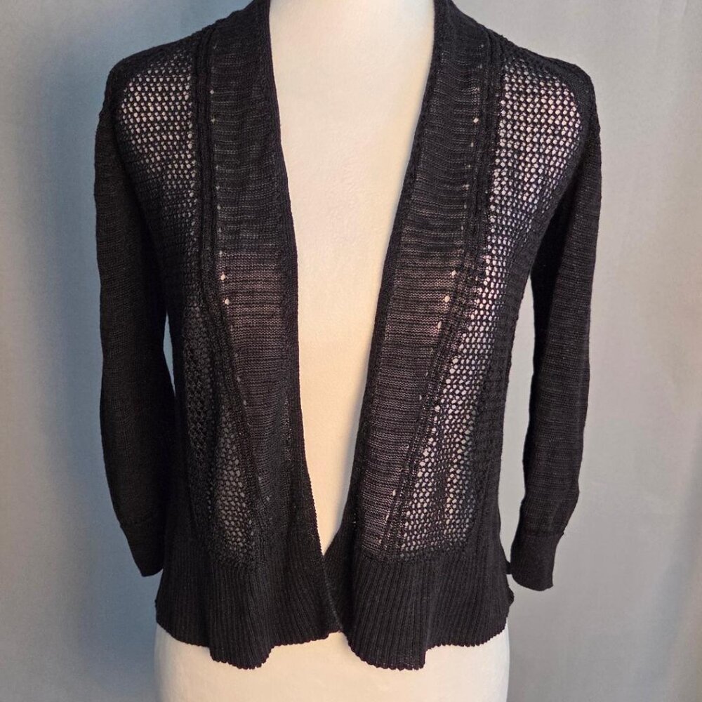 Alfani Black Cardigan Mixed Stitching Linen Blend 3/4 sleeves Open Front Size PS